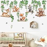 wondever Woodland Animal on Swings Wall Stickers Baby Bear Deer Fox Leaves Peel and Stick Wall Art Decals for Children Nursery Kids Bedroom Living Room