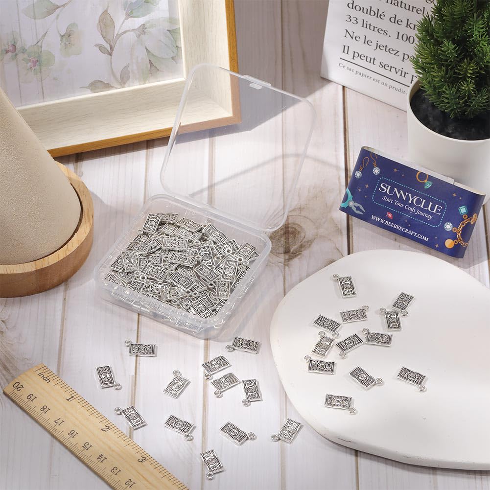 SUNNYCLUE 1 Box of 100 Pieces Money Charms Large Money Sign Charms Cash US 100 Dollar Note Coin Currency Silver Antique Alloy Charm Bulk for Jewellery Making Charms Earrings Necklaces Bracelets, Alloy