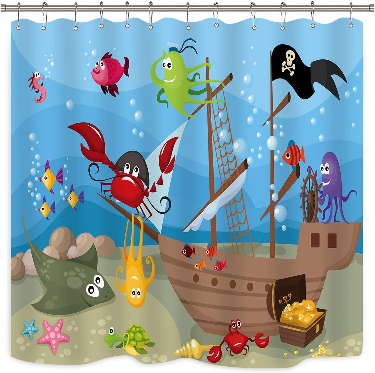 Amazon Com Riyidecor Ocean Pirate Kids Underwater Fish Shower Curtain Sea Marine Animal Decor Fabric Bathroom 72x72 Inch 12 Pack Plastic Shower Hooks Home Kitchen