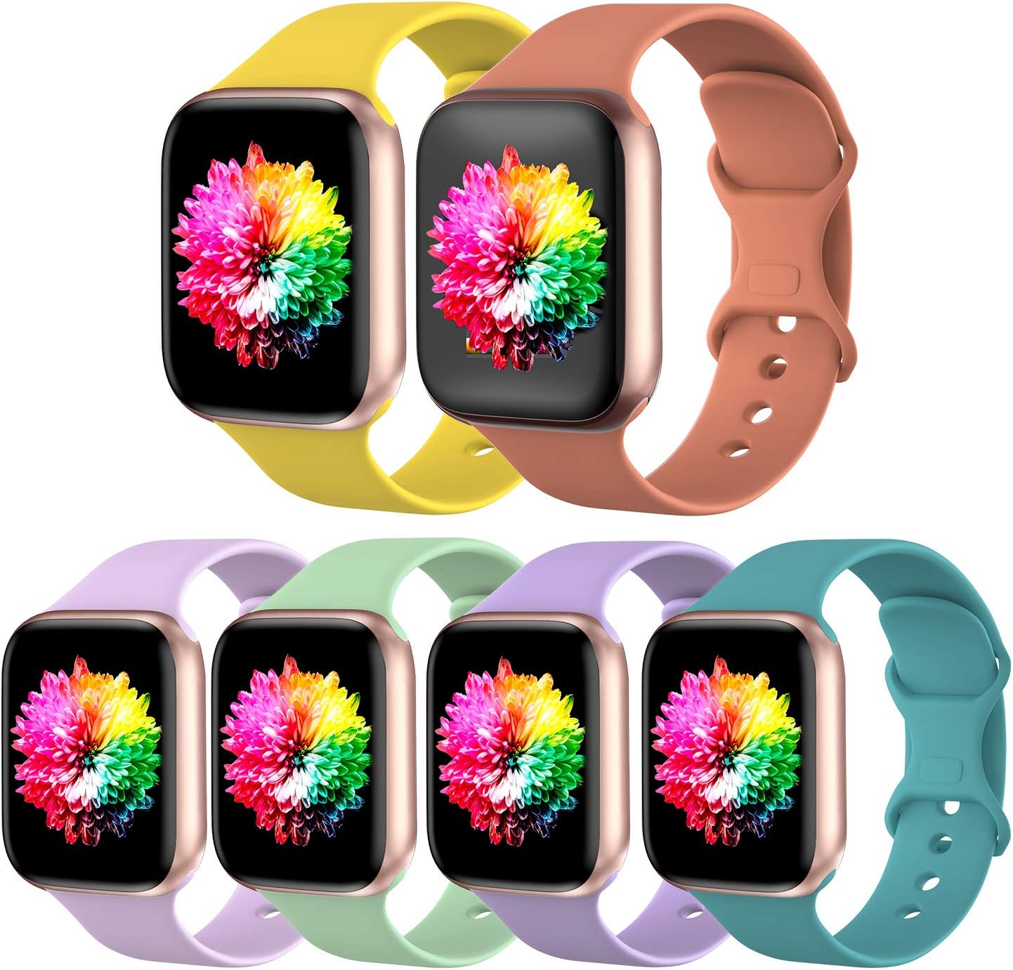 SWHAS 6 Pack Sport Bands Compatible with Apple Watch Band 42mm 44mm 40mm 38mm, Soft Silicone Replacement Strap Compatible with iWatch Series SE/6/5/4/3/2/1,S/M,Pack J