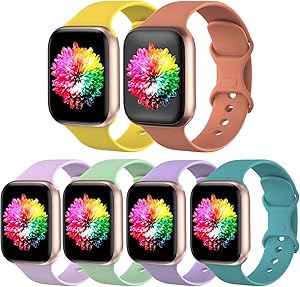 SWHAS 6 Pack Sport Bands Compatible with Apple Watch Band 42mm 44mm 40mm 38mm, Soft Silicone Replacement Strap Compatible with iWatch Series SE/6/5/4/3/2/1,S/M,Pack J