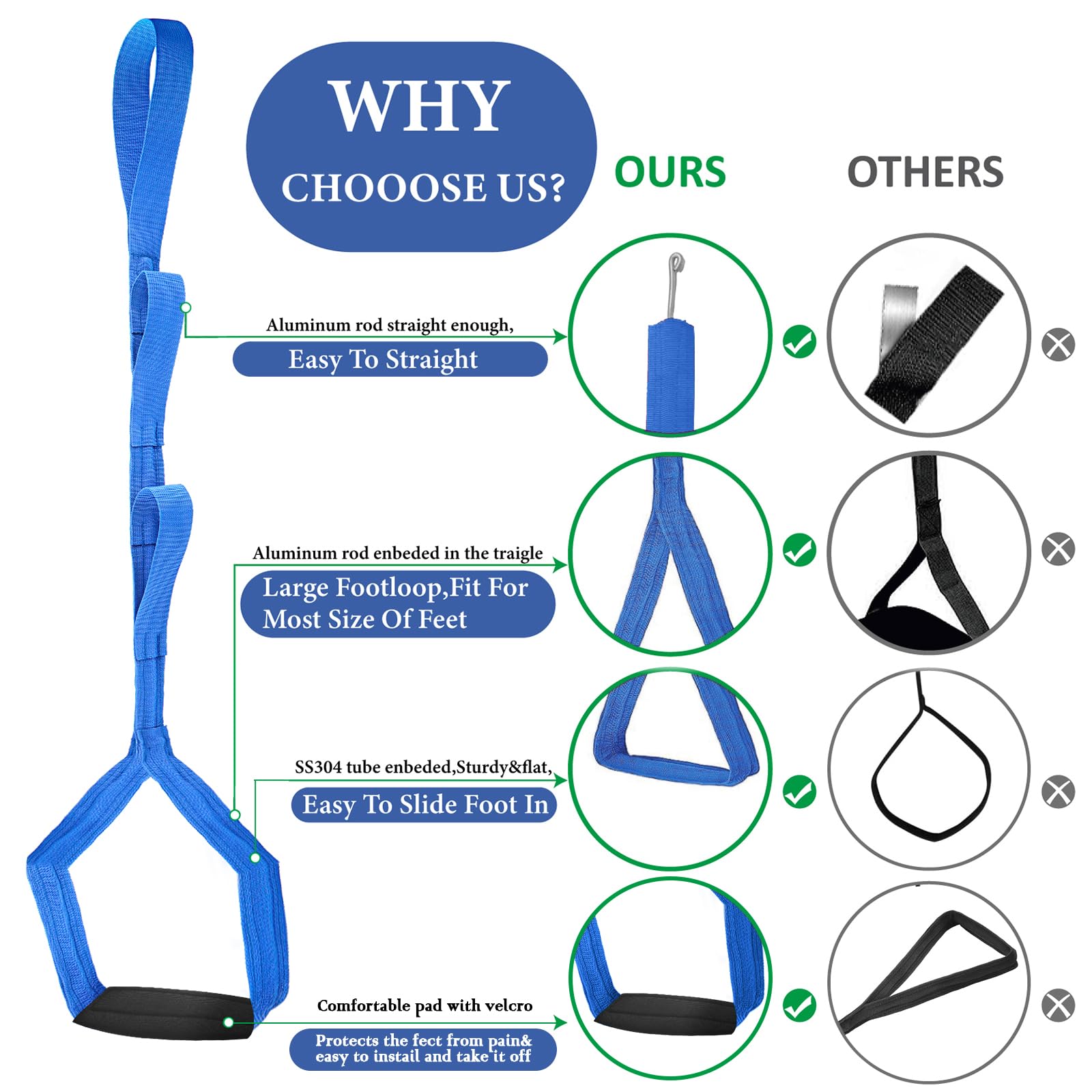 42 Inch Long Leg Lifter,Leg Lifter After Hip Replacement All Over with Aluminum Rod, Hip Kit for Seniors Total Hip Replacement Prime Large Rigid Foot Loop &Sturdy Multiple Handles(Blue)