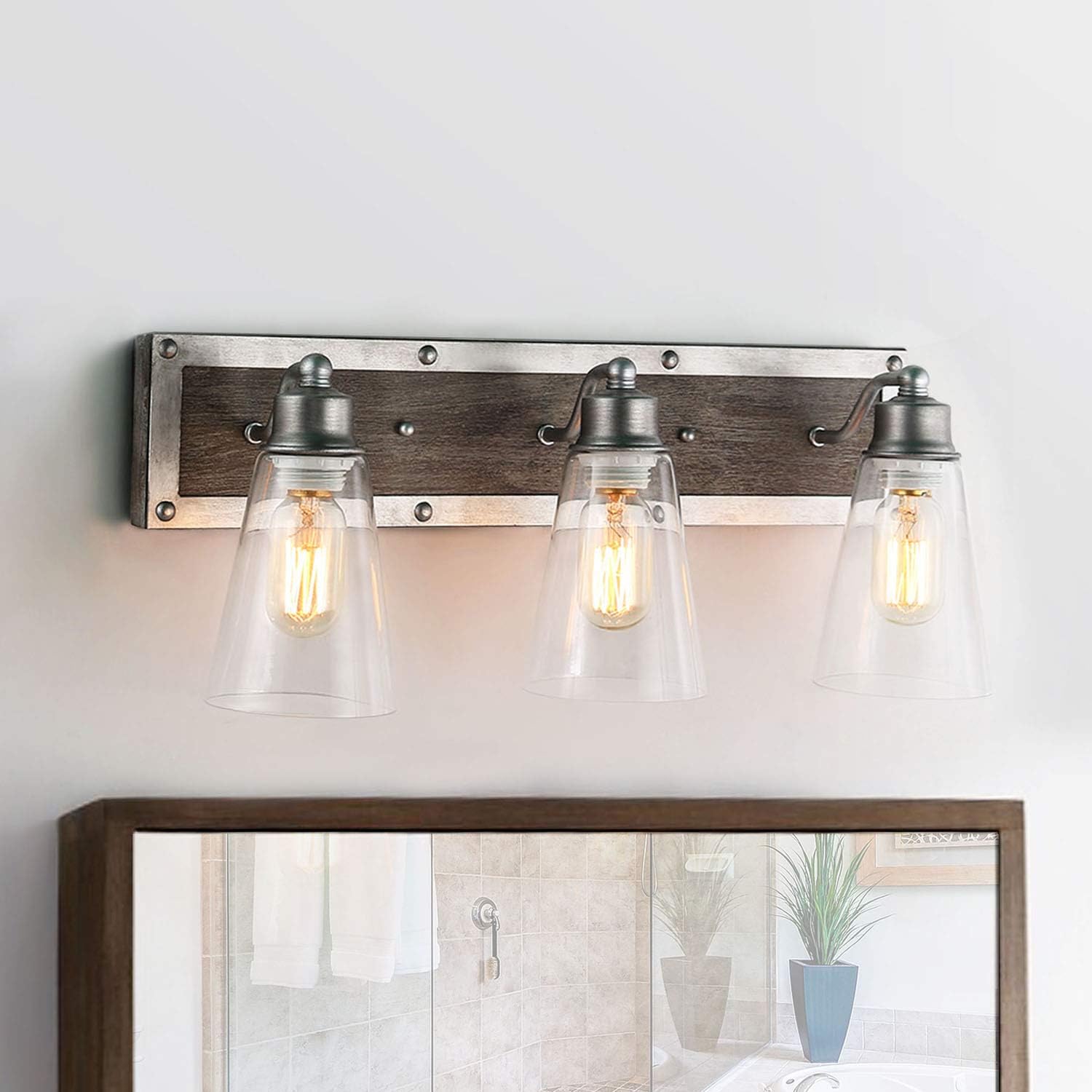 LOG BARN 3 Lights Rustic Vanity Light in Real Distressed Wood and Brushed Antique Silver Finish with Cone Clear Glass Shades, 21.3" Bathroom Wall Sconce Lighting,