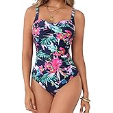 Itzel Women's Ruched Twist Front One Piece Swimsuit Tummy Control Push Up Vintage Retro Bathing Suits