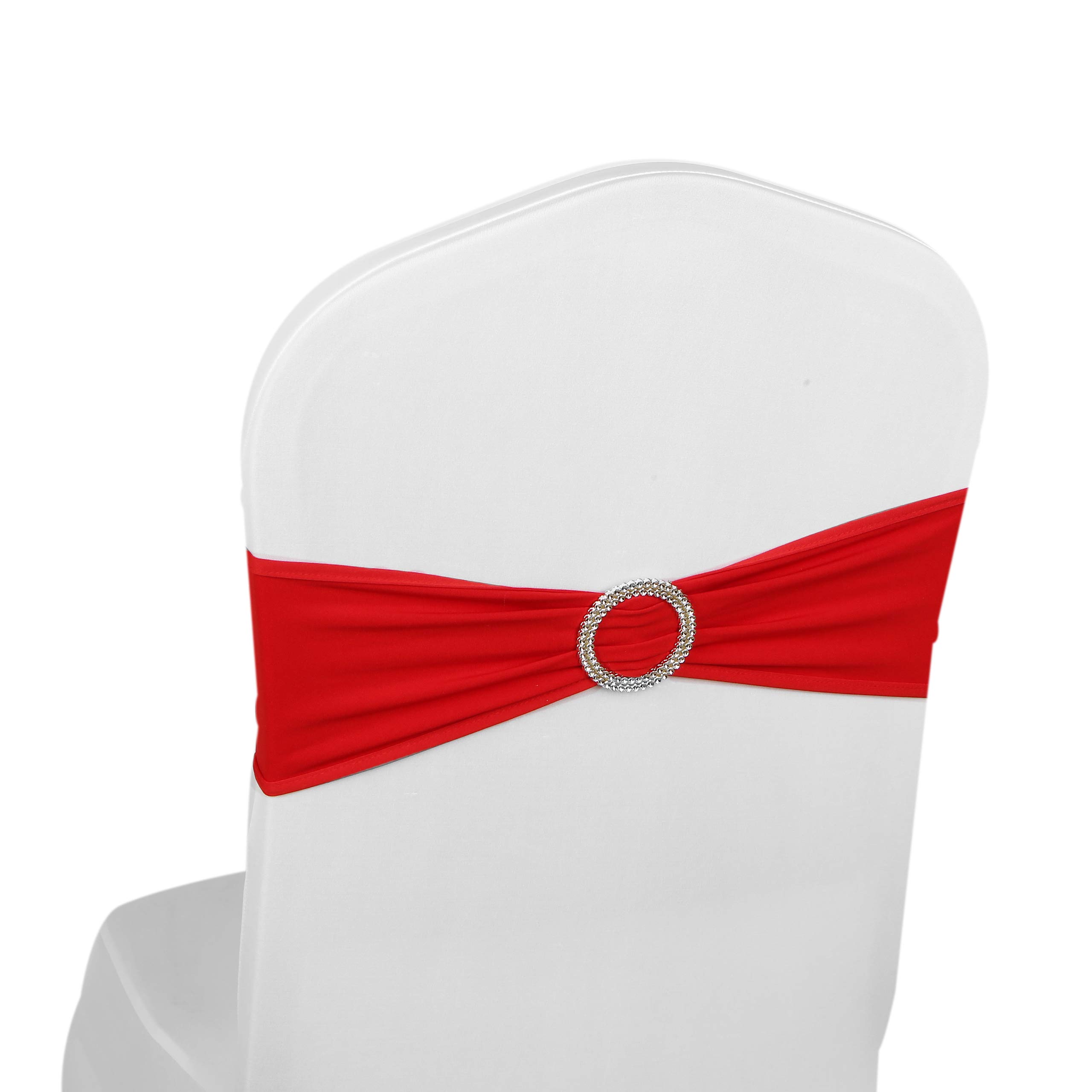 Elastic Stretch Spandex Chair Covers Sashes Bands With Buckle Bows For Wedding Home Party Suppliers Decorations (Red, 50PCS)