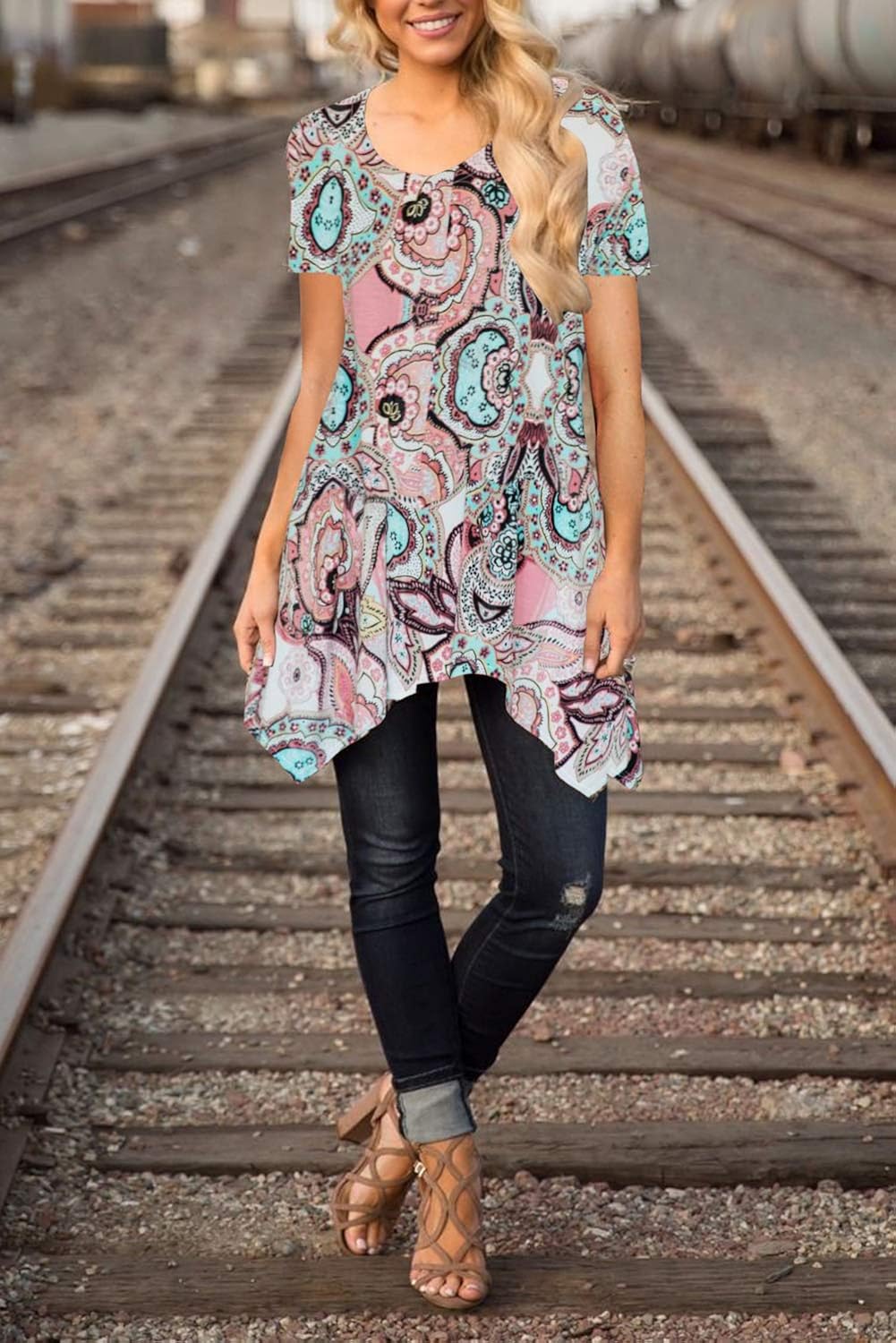 MIROL Womens Summer Short Sleeve Floral Print Irregular Hem Asymmetrical Loose Fit Tunic Tops at  Women’s Clothing store