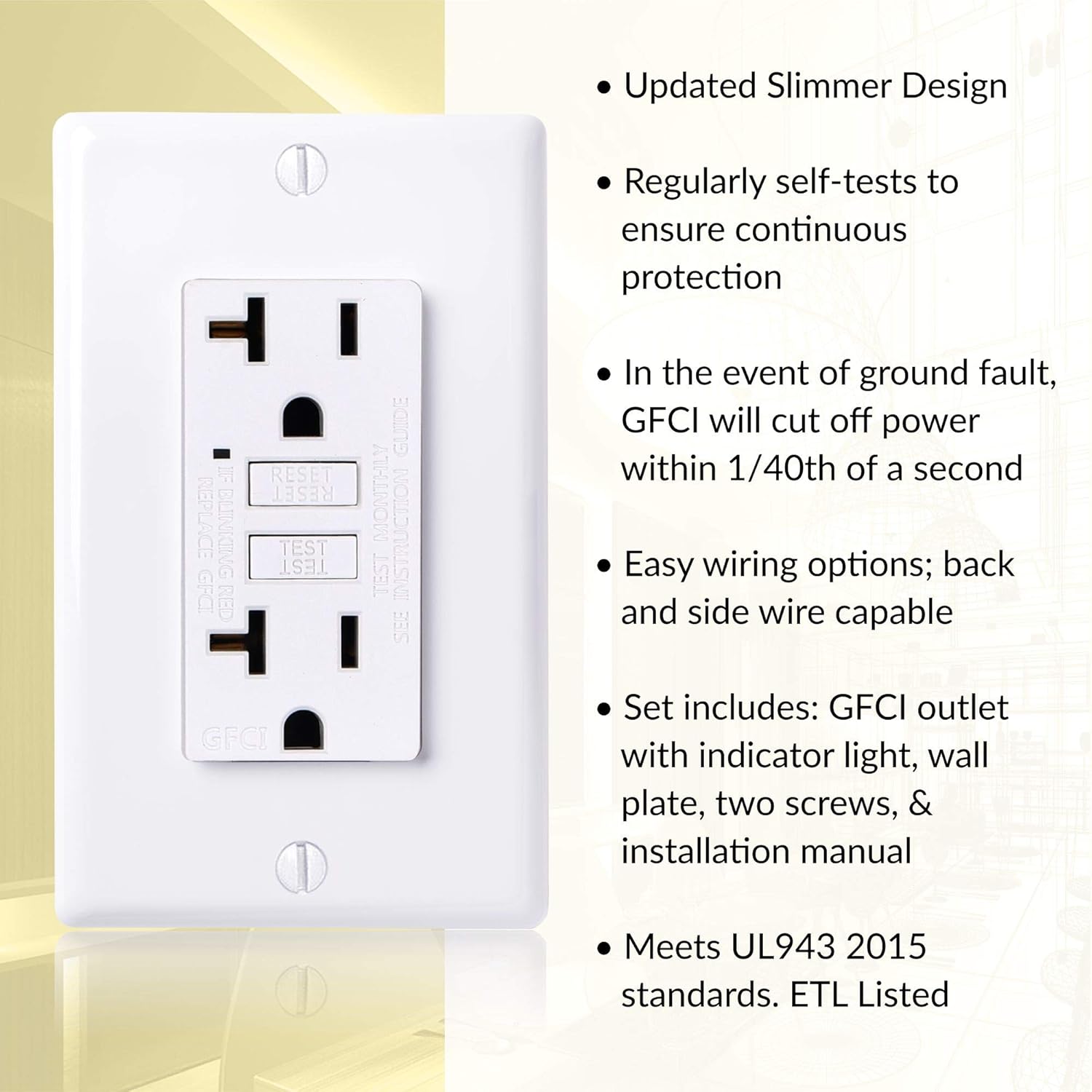 Faith 20A GFCI Outlet Slim, Non-Tamper-Resistant GFI Duplex Receptacles with LED Indicator, Self-Test Ground Fault Circuit Interrupter with Wall Plate, ETL Listed, White - - 