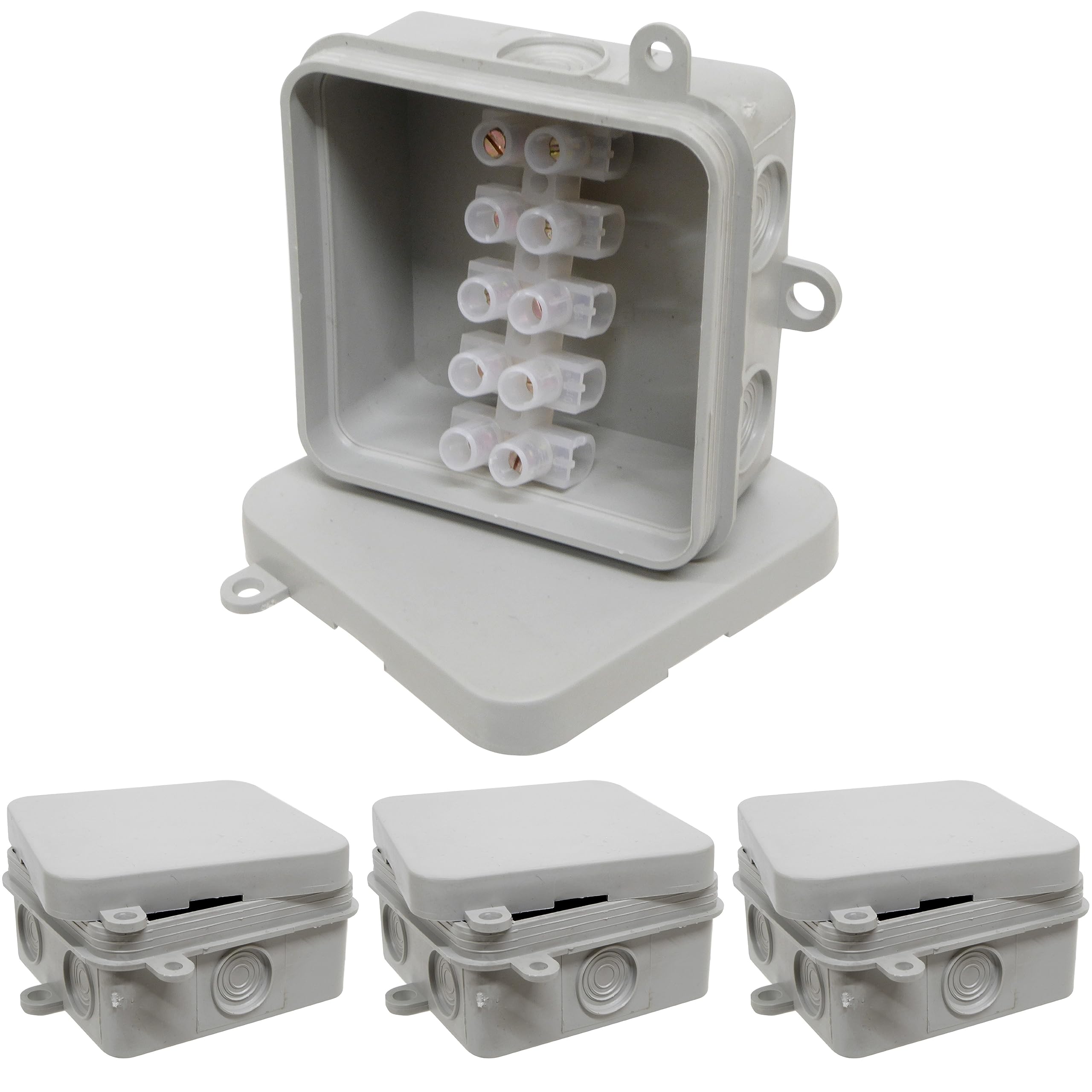 4x IP44 Junction Box with Push on Lid and 15A 5 Way Strip Connector for Electrical Wiring and Lighting - Indoor or Outdoor - 65mm