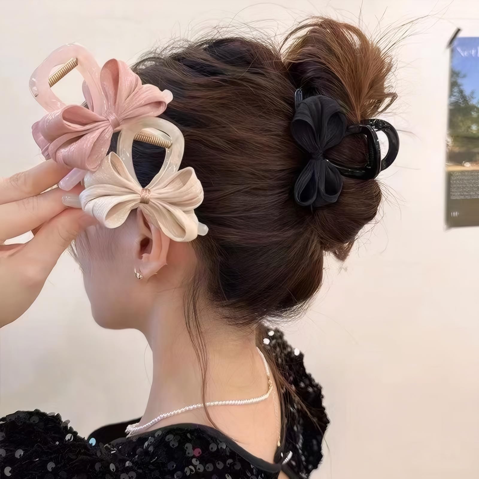 Photo 1 of ***BLACK AND PINK CLIP ONLY****Rannyrena Large Bows Mesh Hair Clips for Women Pearl Flower Bubble Hair Barrettes for Thick Thin Hair Chiffon Silk Bowknot Claw Clips Hair Accessories (Satin Small Bow Set)