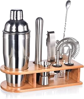 Esmula 750ml Cocktail Shaker Set mit stilvollem Bambusständer, 10-teiligem Barkeeper-Kit für Mixgetränke, professionelles Bar-Werkzeugset aus Edelstahl - Cocktail-Rezeptheft