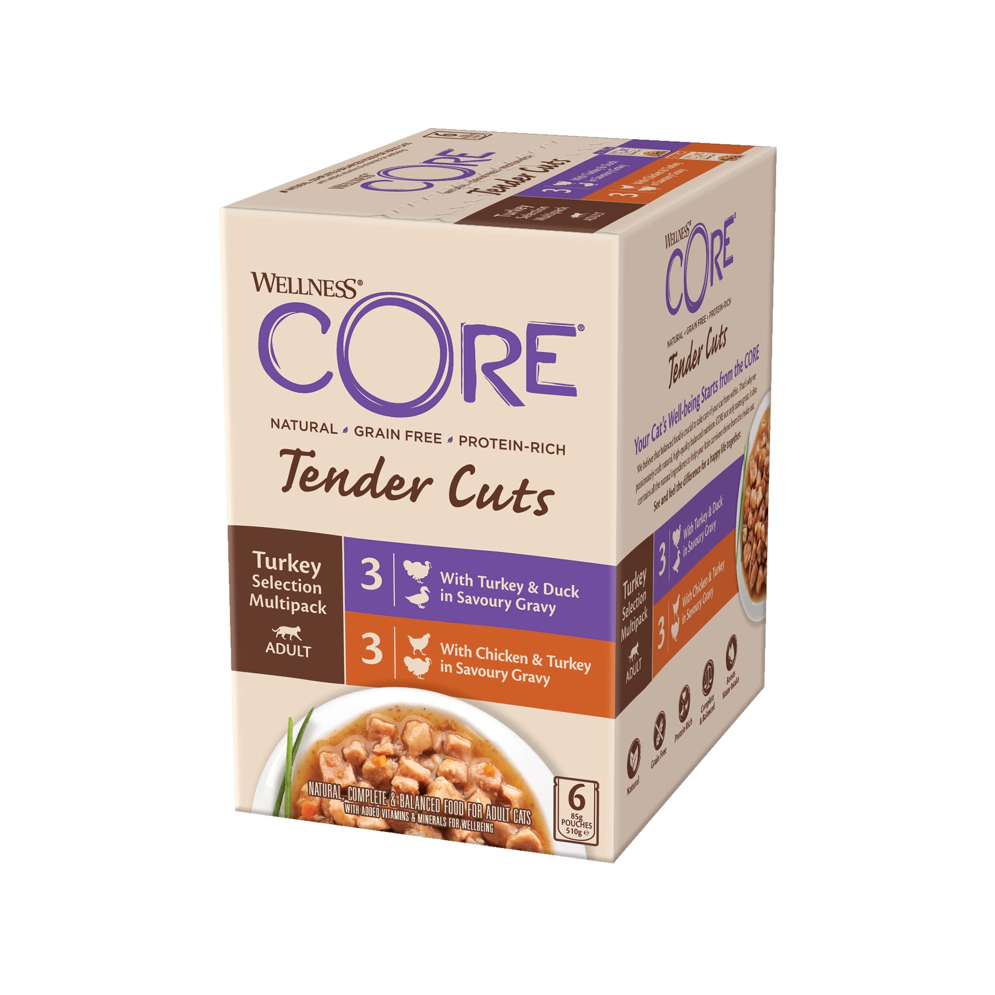 Wellness CORE Tender Cuts 6 x 85g, Turkey Selection Mix – Wet Cat Food, Tender Pieces in Sauce, Grain-Free, Natural, Hypoallergenic, Protein-Rich, High Meat Content