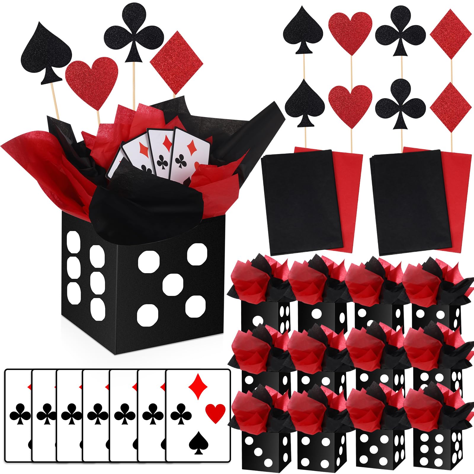 Photo 1 of WinnerWhy 12 Sets Casino Theme Party Decorations 6. 7'' Paper Black Dice Boxes Casino Night Table Centerpiece with Poker Sticks Cutouts for Poker Birthday Party Supplies