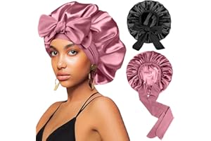 FIRSTPELLA 2Pcs Silk Hair Satin Bonnet for Sleeping Women,Large Satin Sleep Bonnets for Women with Elastic Tie Band Silk Hair Wrap with Ajustable Straps,Night Sleep Cap for Curly Braids,Black+Rose Gold