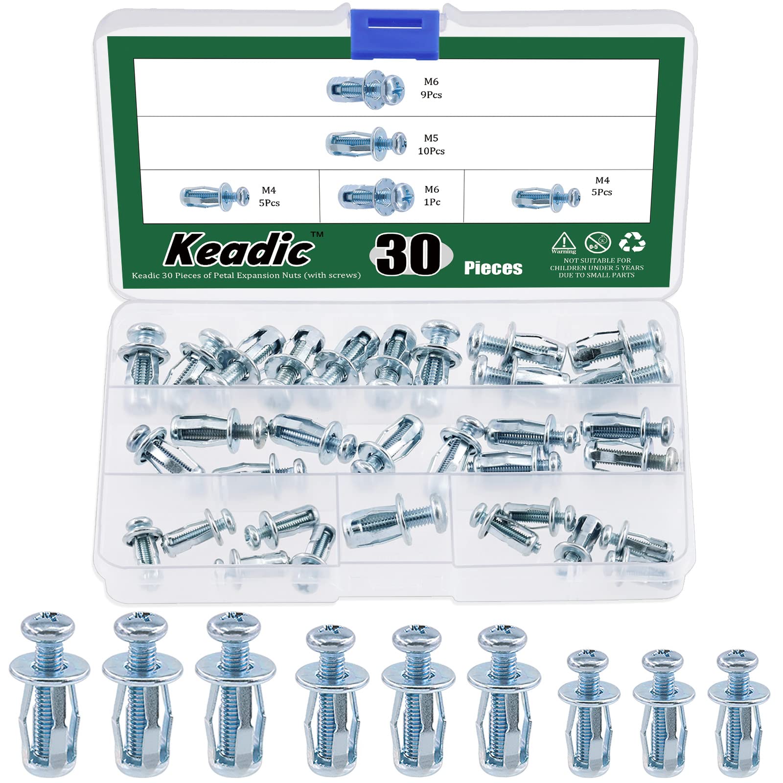 Keadic 60Pcs M4 M5 M6 Molly Jack Nuts with Screws Assortment Kit Steel Petal Nuts Large Flange Short Jacknut Expansion Nut Flat Head Threaded Insert Nut for Hardboard Polywood Pressboard