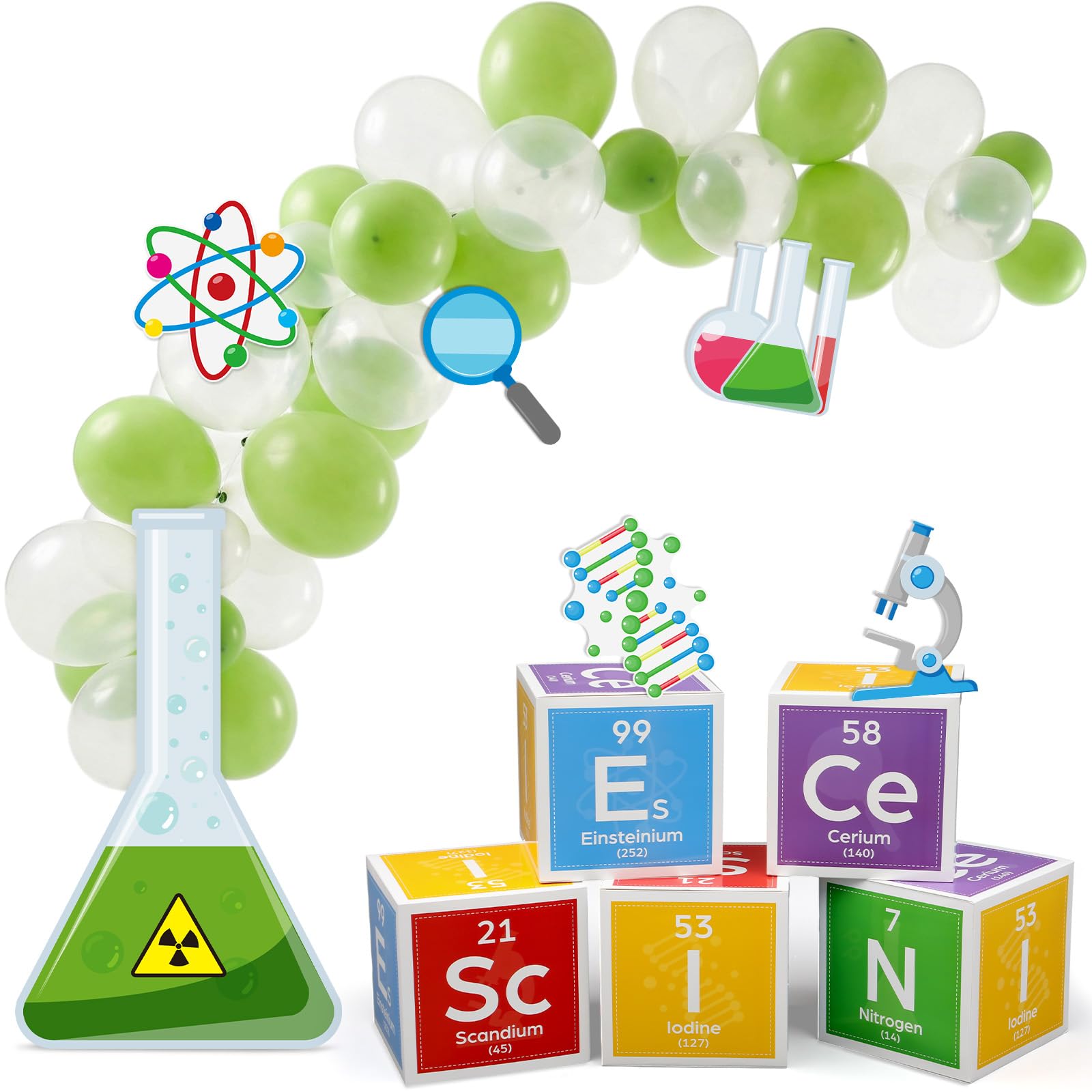 Photo 1 of Kosiz Green Clear Color 61 Pcs Science Party Decorations Kit Scientist Birthday Party Supplies with 12 Inches Science Favors Boxes Chemistry Laboratory Erlenmeyer Flask Prop Sign for Lab Week Stem