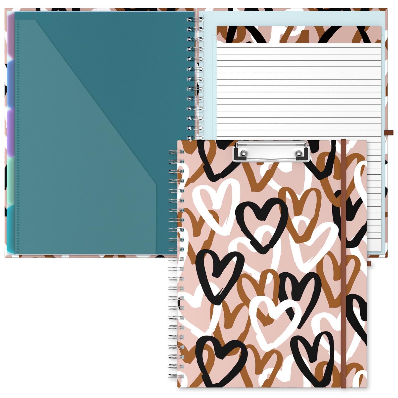 Hnogri Clipboard Folio with Refillable Lined Notepad, Clipboards with 5 A4 Folders Storage 10 Pockets, Spiral Clip Board Portfolio, Size 12.8" x 9.7", Office Supplies, School Supplies, Love