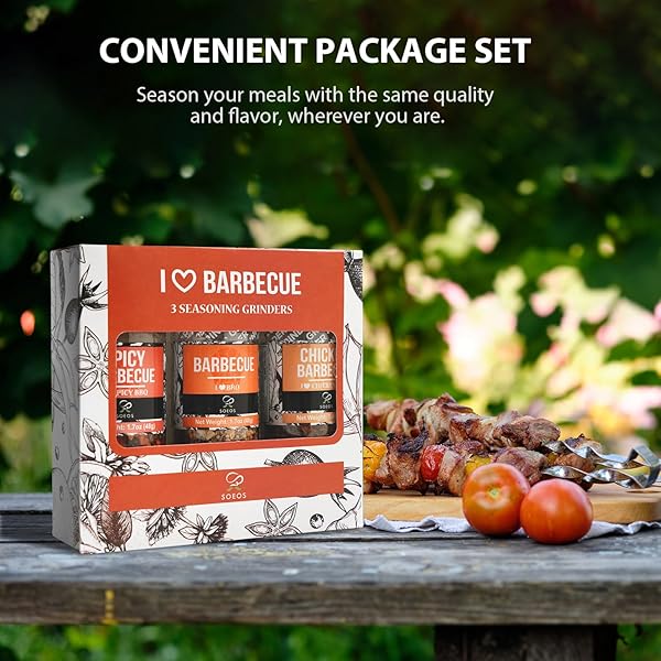 SOEOS SPICE SEASONING SET OF 3, 5.2OZ(146G), WITH INTEGRATED GRINDERS, SALT AND PEPPER GRINDER SET, PURE AND FRESH PERFECT FOR BBQ SEASONING GIFT SET, GRILLING SPICE, HERB, SPICE & SEASONING GIFTS