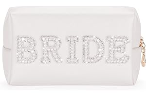 Etercycle Bride Letter Makeup Bag, Bride to Be Gifts Bling Pearl Rhinestone Patch Cosmetic Bag, Waterproof PU Travel Toiletry