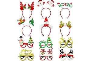 LEETOUS Christmas Glasses & Headband 12 Pack, Xmas Glitter Eyeglasses Frame & Headwear Accessories - One Size Fits All, Holiday Party Favor Supplies Classroom Game Prizes Gifts Photo Booth Props Outfit