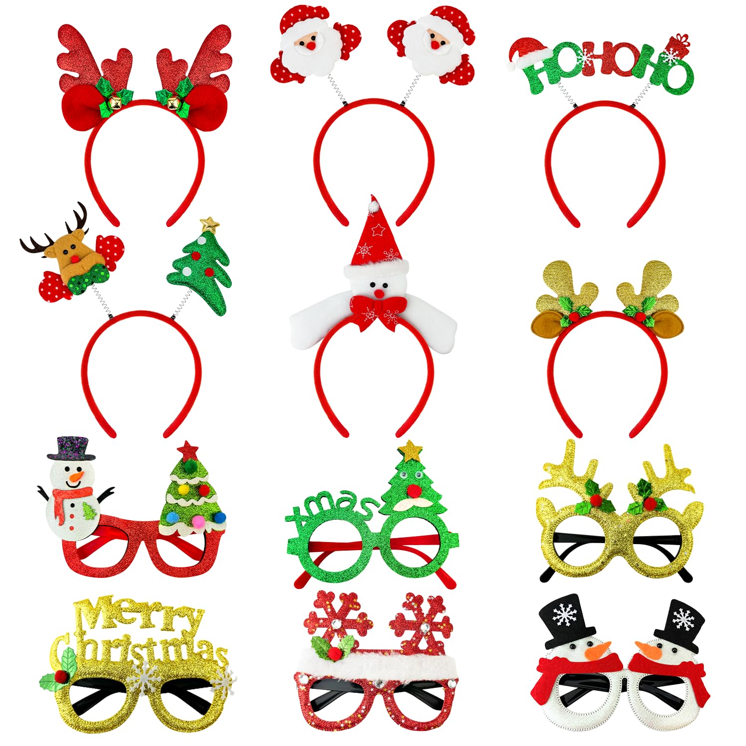 Photo 1 of Christmas Glasses & Headband 12 Pack, Xmas Glitter Eyeglasses Frame & Headwear Accessories - One Size Fits All, Holiday Party Favor Supplies Classroom Game Prizes Gifts Photo Booth Props Outfit