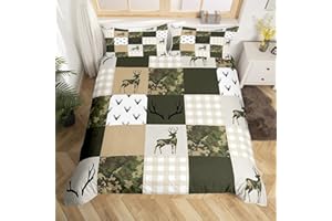 HOMEWISH Camouflage Duvet Cover Set King Size Camo Comforter Cover Green and Beige Plaid Print Bedding Set 3pcs for Kids Boys Teens Room Decor, Animal Deer Antlers Quilt Cover with 2 Pillowcases