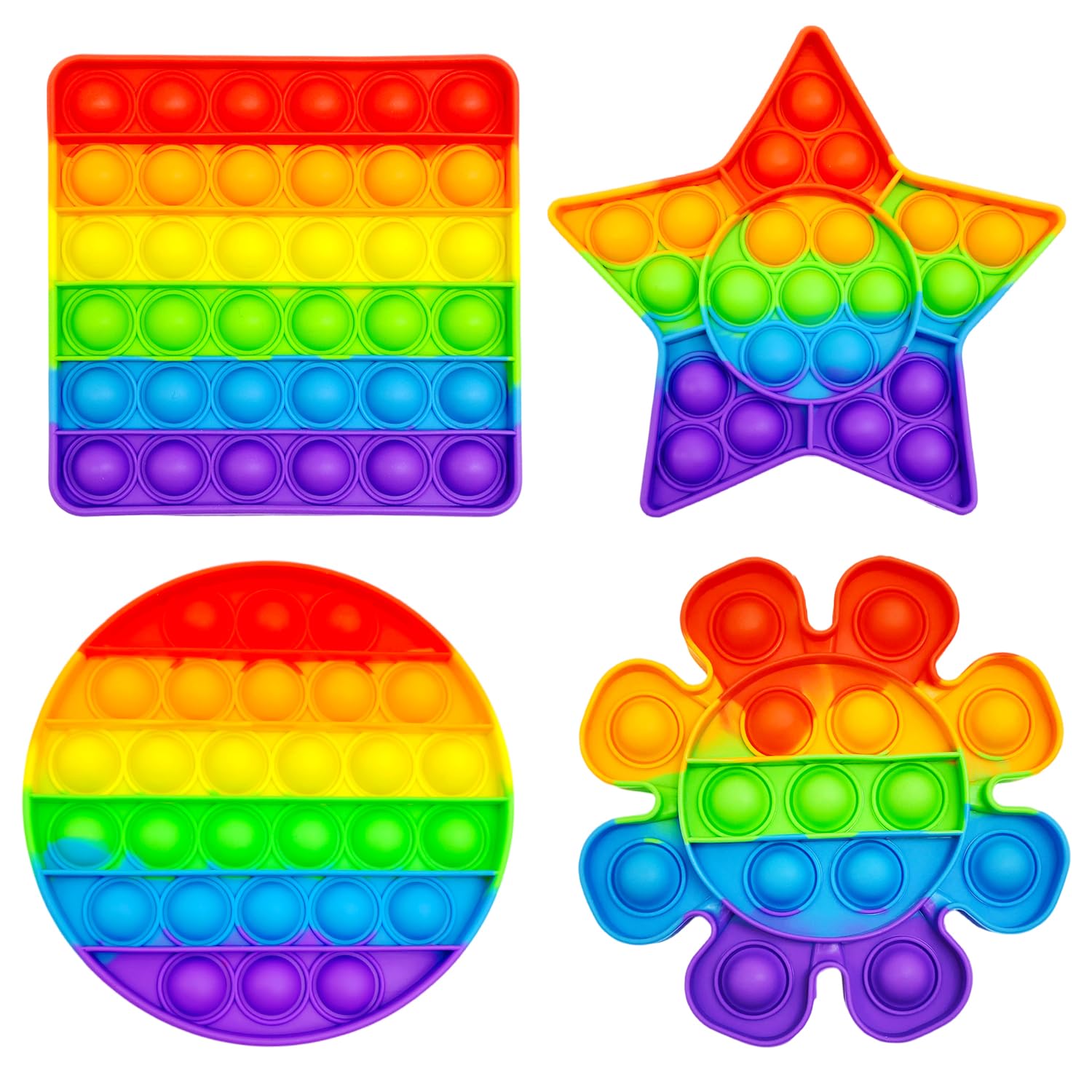 Cuackamily 4PCS Pop Fidget Bubble Toys Set, Push Rainbow Poppet Sensory Fidget toy, Round and Square Poppet Toy Squishy Toy For Gifts and Parties ADHD Stress and Anxiety Relief For Kids and Adults