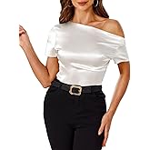 VIDUSSA Off Shoulder Tops for Women - Silk Satin Blouse Dressy Casual Short Sleeve Ruched Asymmetrical Summer Shirts