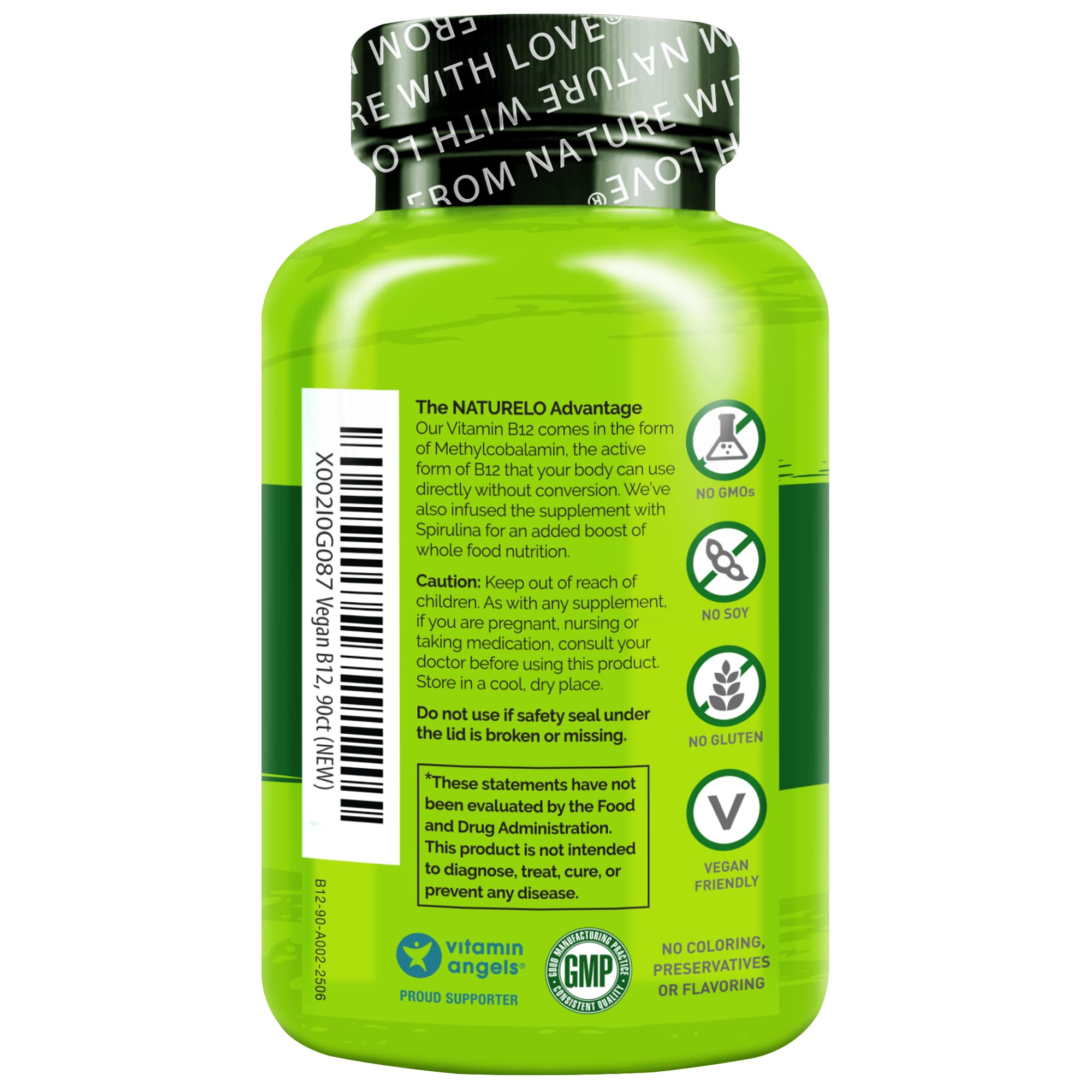 NATURELO Vegan B12 - Methyl B12 with Organic Spirulina - High Potency Vitamin B12 1000 mcg Methylcobalamin - Supports Healthy Mood, Energy, Heart & Eye Health - 90 Capsules