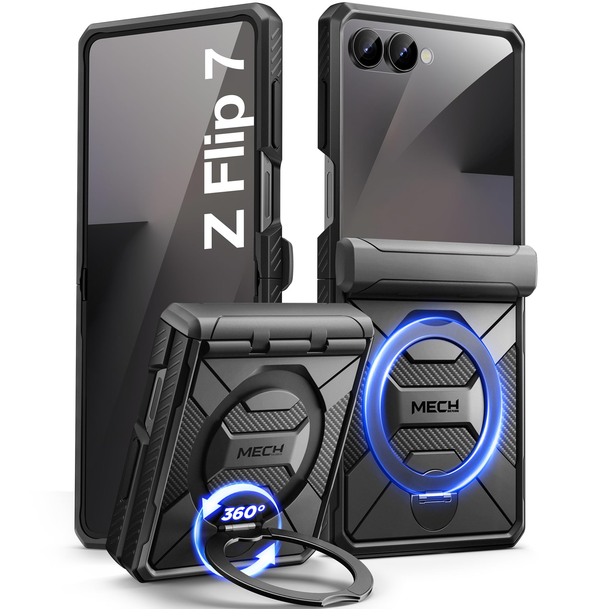 TONGATE 360° Spin Magnetic Stand for Z Flip 7 Case with Screen Protector, [Compatible with Magsafe] [Anti Slip] Full-Body Shockproof Samsung Galaxy Z Flip 7 Case with Hinge Protection, Black