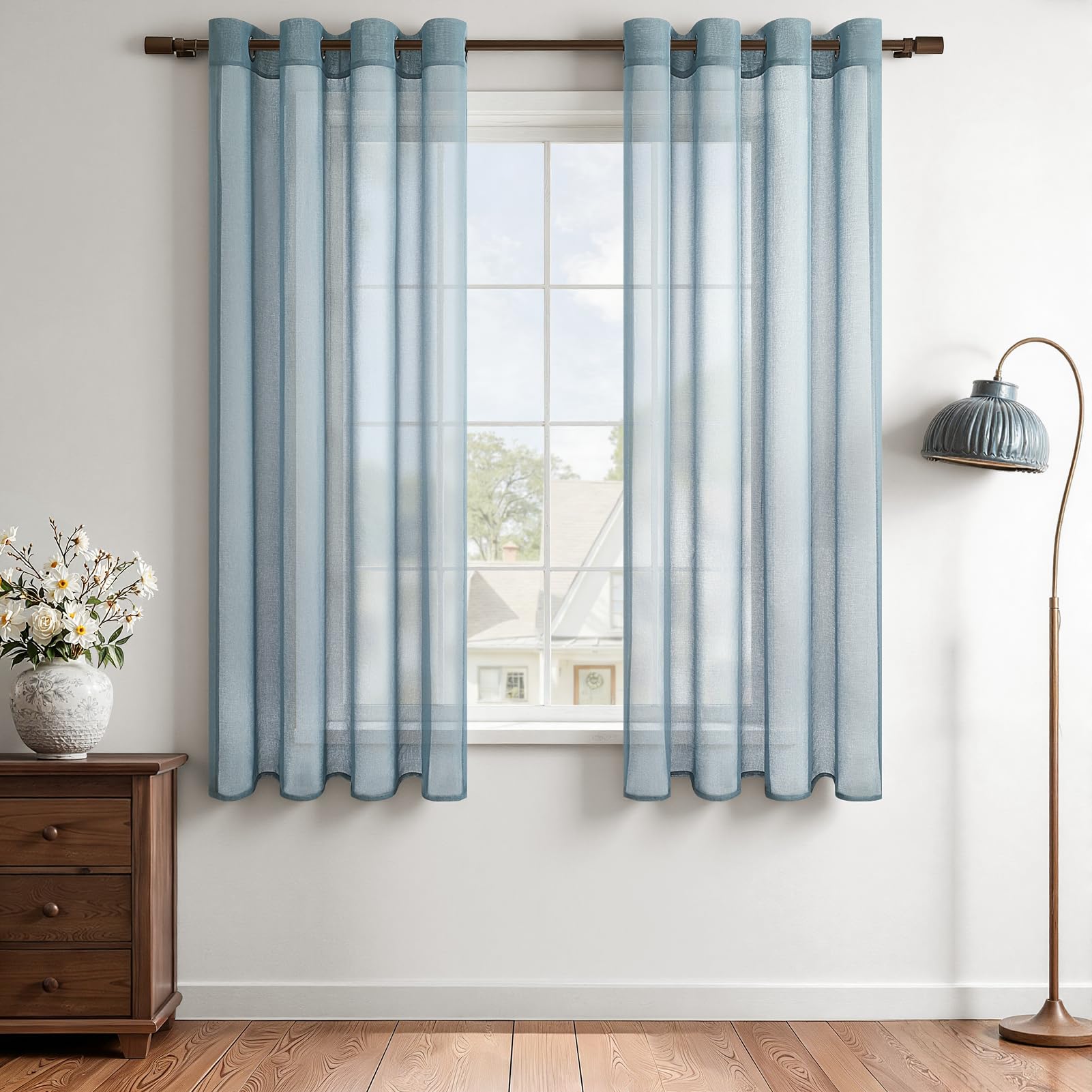 MRTREES Voile Curtains Navy Dusty Blue for Bedroom 57 Drop 2 Panels Faux Linen Eyelet Short Sheer Curtain Panel for Living Room Patio Door 55x57 Drop 140cm x 145cm