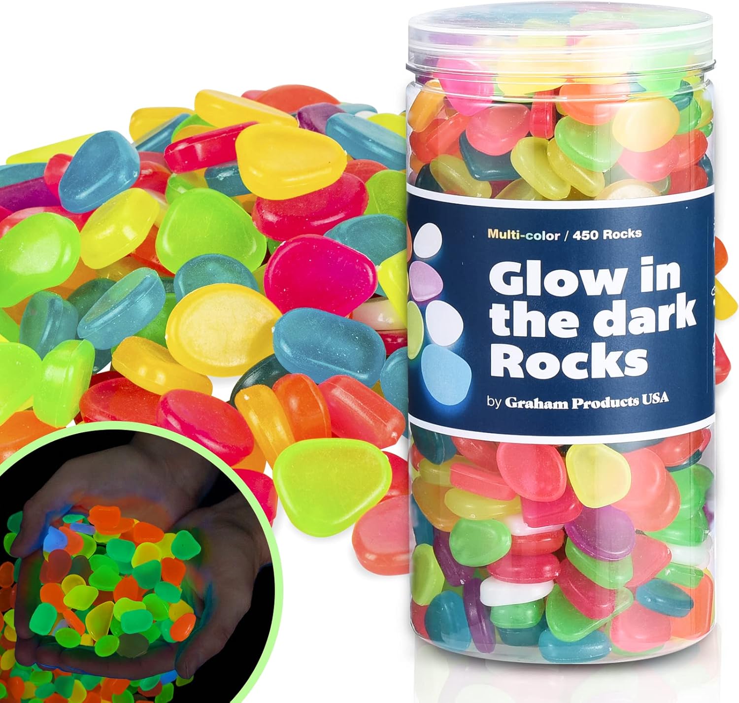 Hardscaping Materials - Graham Products 450 Pieces Glow in The Dark Rocks | Indoor & Outdoor Use - Garden, Fish Tank Pebbles, Planter, Walkway Decoration & More | for Kids Aged 6 & Up | Powered by Sunlight - Multi-Colored