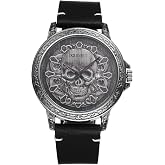 JewelryWe Punk Skull Leather Watches: Cool Round Analog Quartz Calendar Watch Mens Gothic Leather Wristwatch for Father's Day