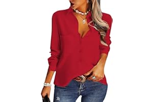 AISEW Womens Casual Button Down Shirts V Neck Chiffon Long Sleeve Collared Office Work Blouses Tops with Pocket