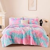 BYHOFMLY Pink Purple Fluffy Bedding Set Twin Size 3 Pieces Faux Fur Furry Comforter Set for Girls Tie Dye Rainbow Warm Fuzzy Kids Bed Comforter (Pink Purple, Twin)