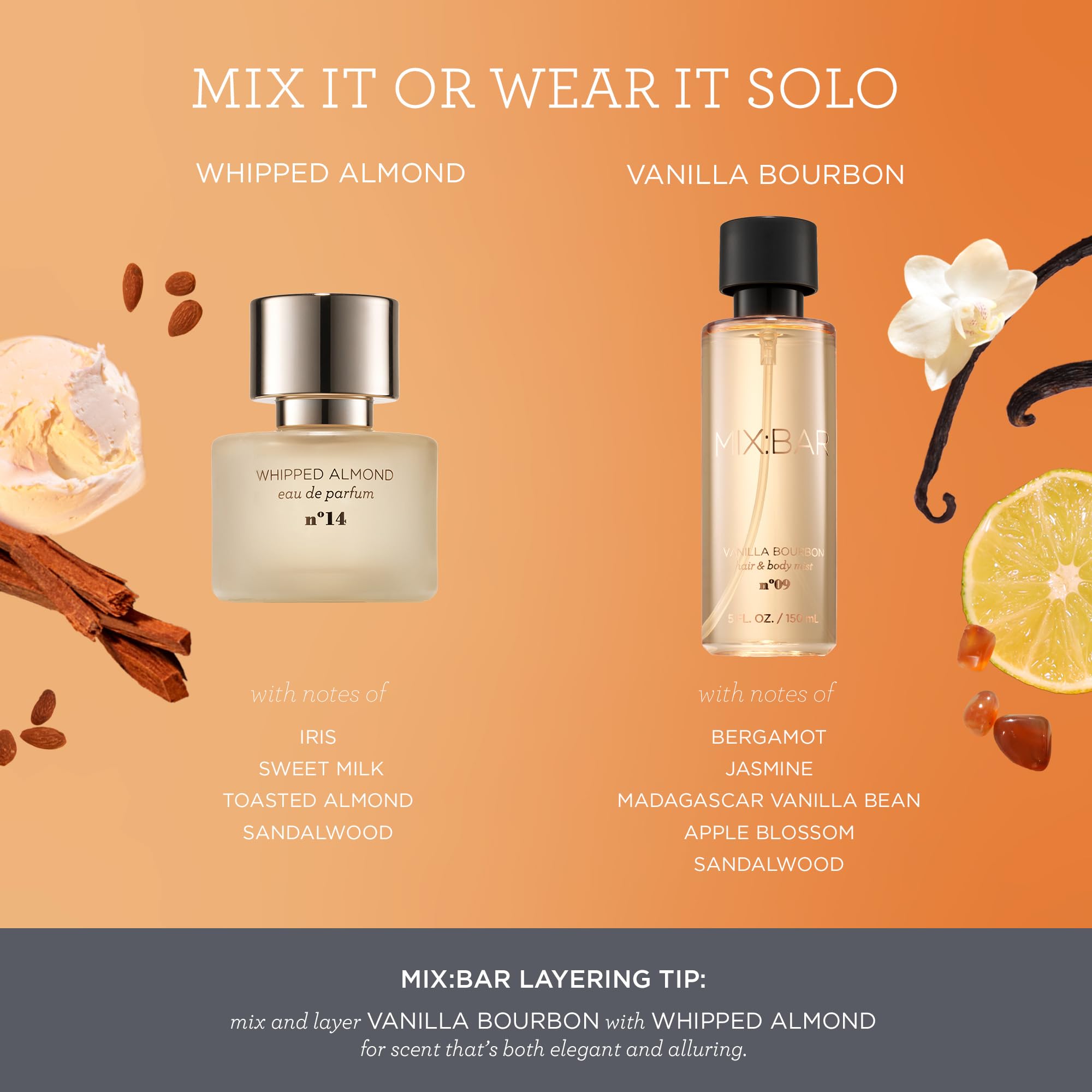 MIX:BAR Vanilla Bourbon Hair + Body Mist, Bedroom Linen Spray - Notes of Sandalwood, Vanilla Bean, Jasmine, Bergamot, 5oz