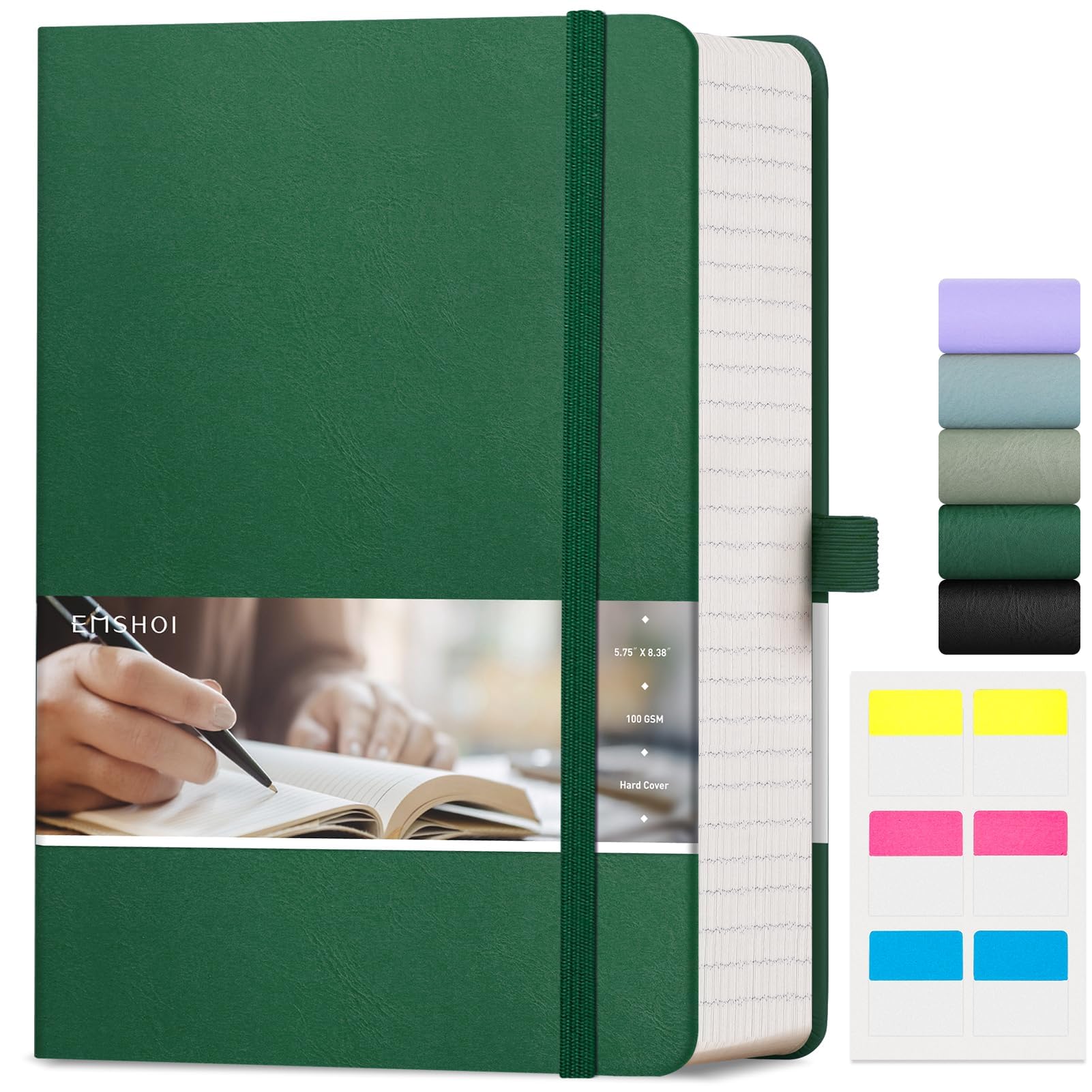 EMSHOI Notebook A5-400 Pages 100gsm Thick Notepad, Lined Journal Hardcover Vegan Leather Ruled Note Book Daily for Women Men Work School Office Writing, Sticky Notes, 14.5 x 21cm, Dark Green