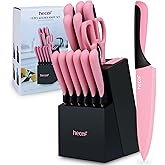hecef 13 Pieces Kitchen Knife Set with Built-in Sharpening Wooden Block, Dishwasher Safe, High Carbon Stainless Steel Knife Block Set with Steak Knives, Kitchen Scissors, Pink