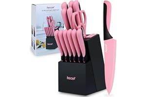hecef 13 Pieces Kitchen Knife Set with Built-in Sharpening Wooden Block, High Carbon Stainless Steel Knife Block Set with Ste