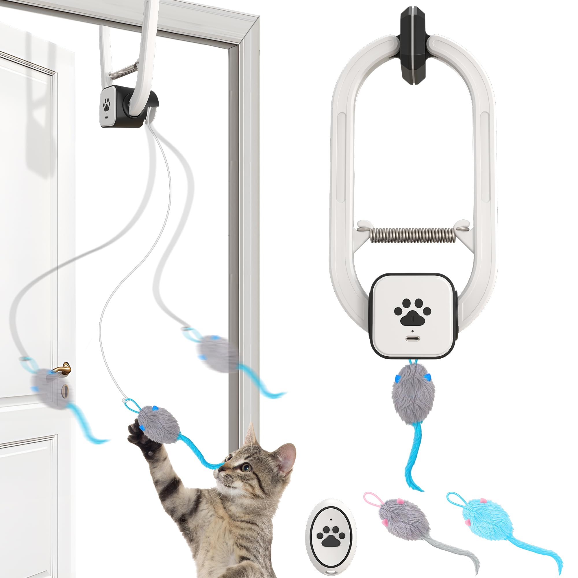 Photo 1 of Kezlume Cat Toy, Upgraded Smart Interactive Cat Toys with Remote Control, USB Rechargeable Door Hanging Retractable Kitten Toy for Self Play, Teaser Electronic Feather Cat String with 3 Plush Mice