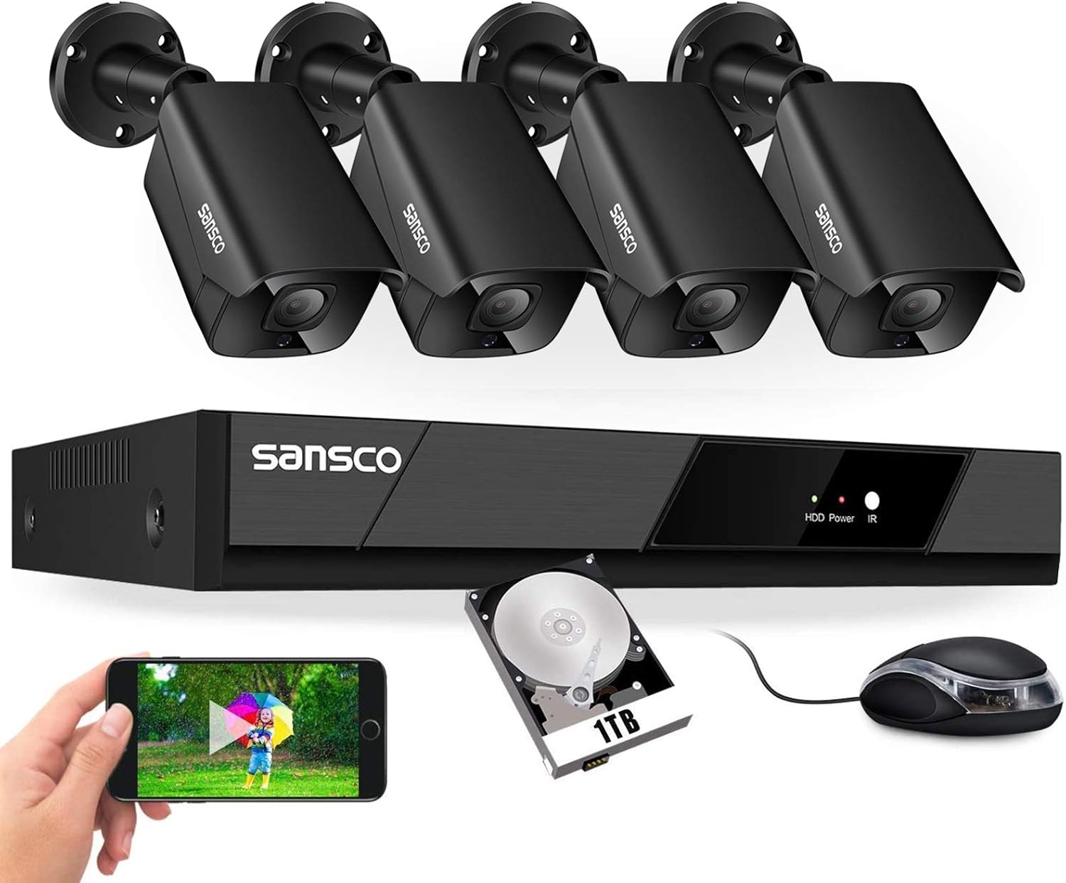 SANSCO 4K PoE Security Camera System, 8CH NVR with 1TB HDD, 4 x 4K Outdoor IP Cameras with Two-Way Audio