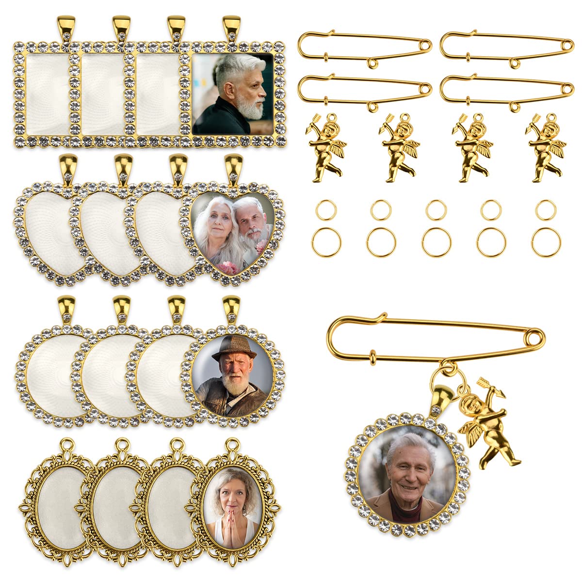 Photo 1 of 50PCS Wedding Bouquet DIY Photo Charm Rhinestone Pin Brooch Making Kit Memorial Picture Charm with Clear Glass Cabochons Cupid Pendant Jump Rings for Craft Jewelry Making