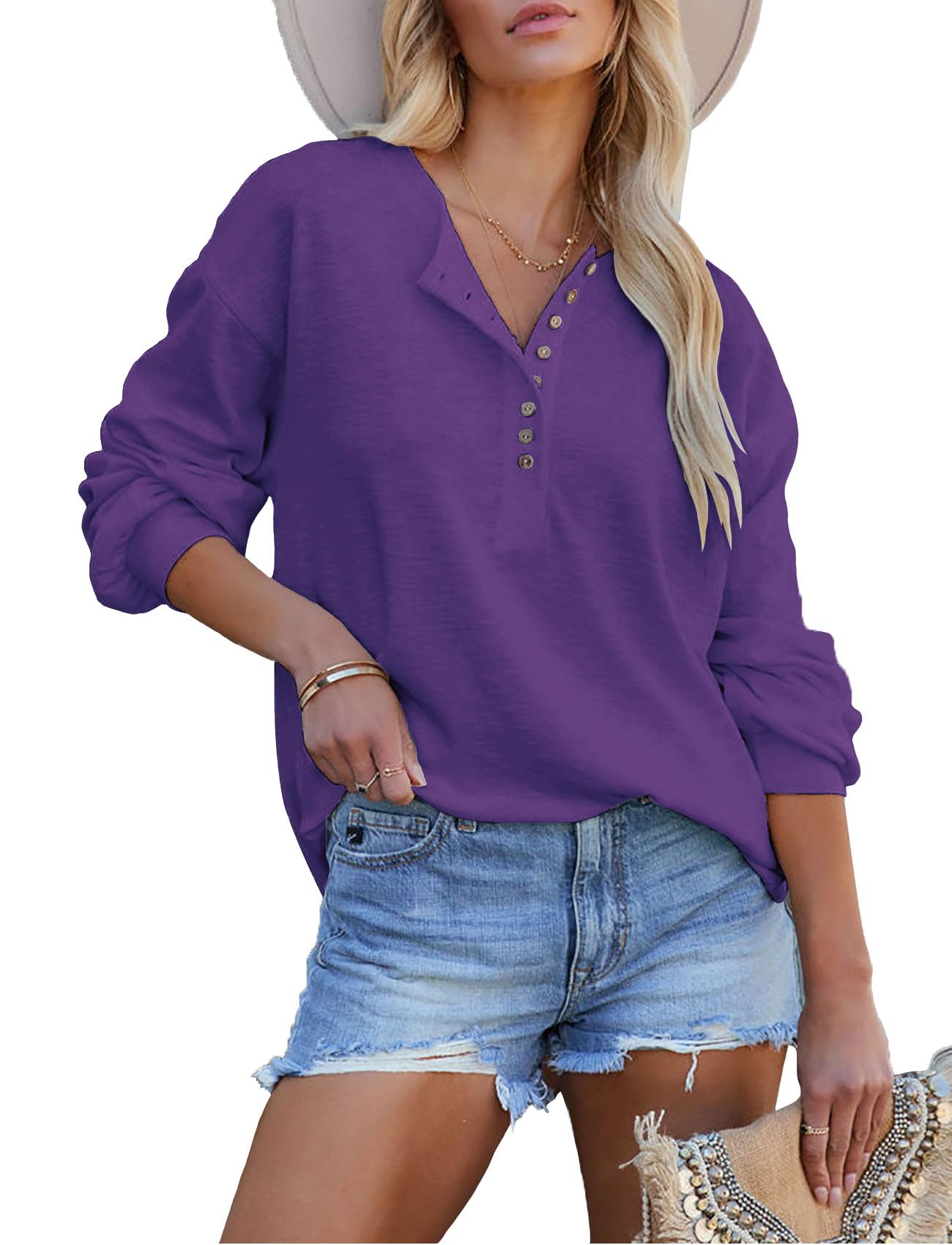 Photo 1 of Topstype Oversized Womens Long Sleeve Henley Tops T Shirts Loose Fit Tunics to Wear with Leggings Purple