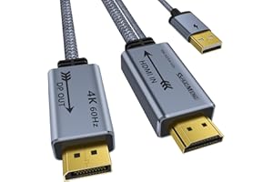 HDMI to Displayport Adapter 4K@60Hz, 2K@120Hz, 1080P@165Hz, HDMI Male Source to DisplayPort Male Monitor Cable, hdmi to DP wi