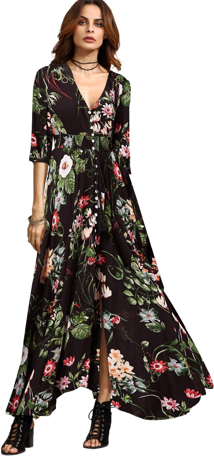 Women's Button Up Split Floral Print Flowy Party Maxi Dress