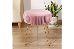 TOUCH-RICH Stripe Velvet Vanity Chair Round Ottoman,Upholstered Vanity Makeup Footstool Side Table Dressing Chair with Golden