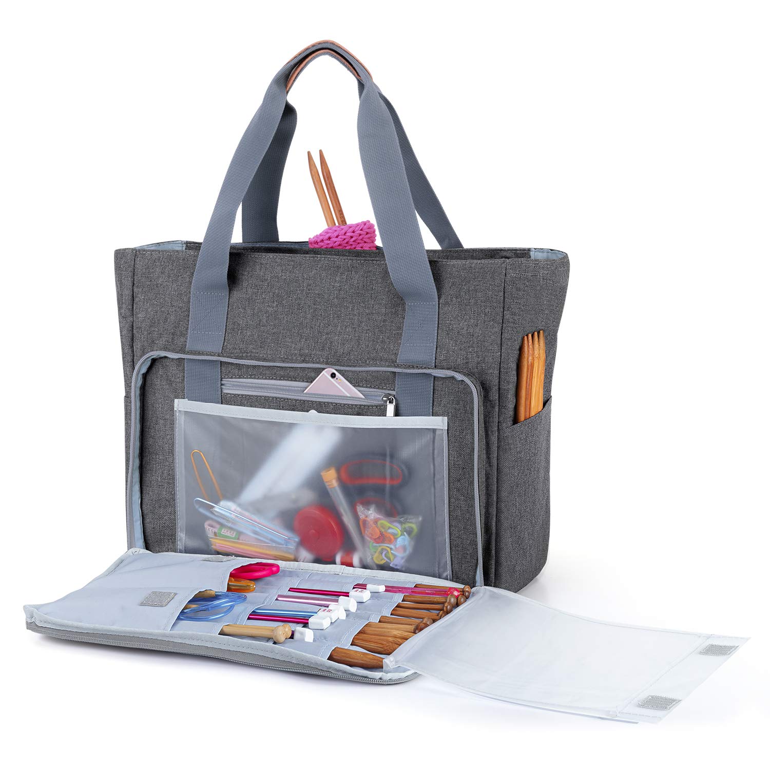 Teamoy Knitting Shoulder Bag, Yarn Storage Tote for Yarn and Unfinished Project, Crochet Hooks, Knitting Needles and Accessories, Grey (NO Accessories Included)