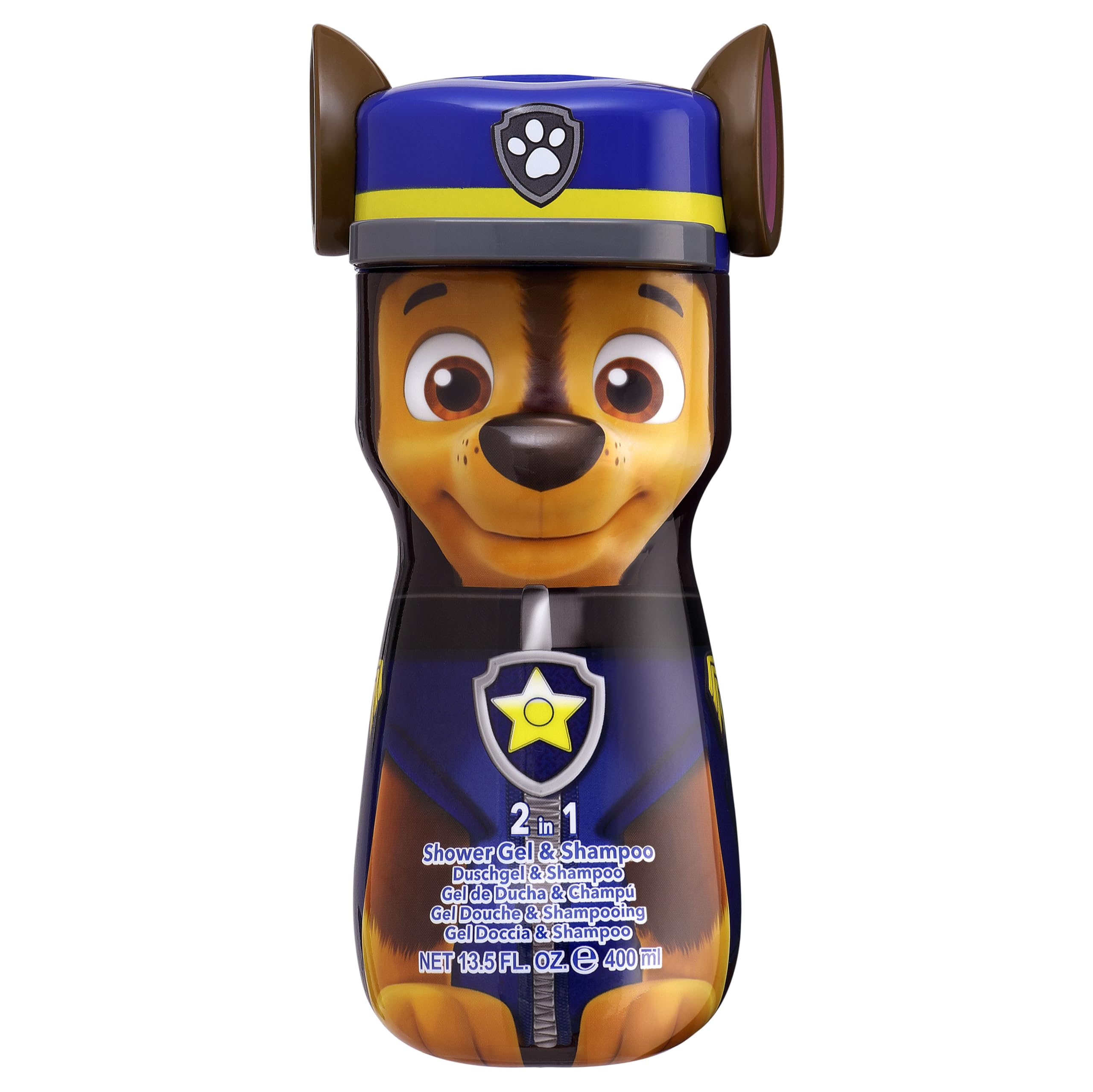 Paw Patrol Chase 2-in-1 Vegan Shower Gel & Shampoo for Kids & Adults – 90% Natural Ingredients, Hydrating & Gentle Formula, Dermatologically Tested, Pleasant Scent, Fun 3D Bottle, Ages 3+, 400ml