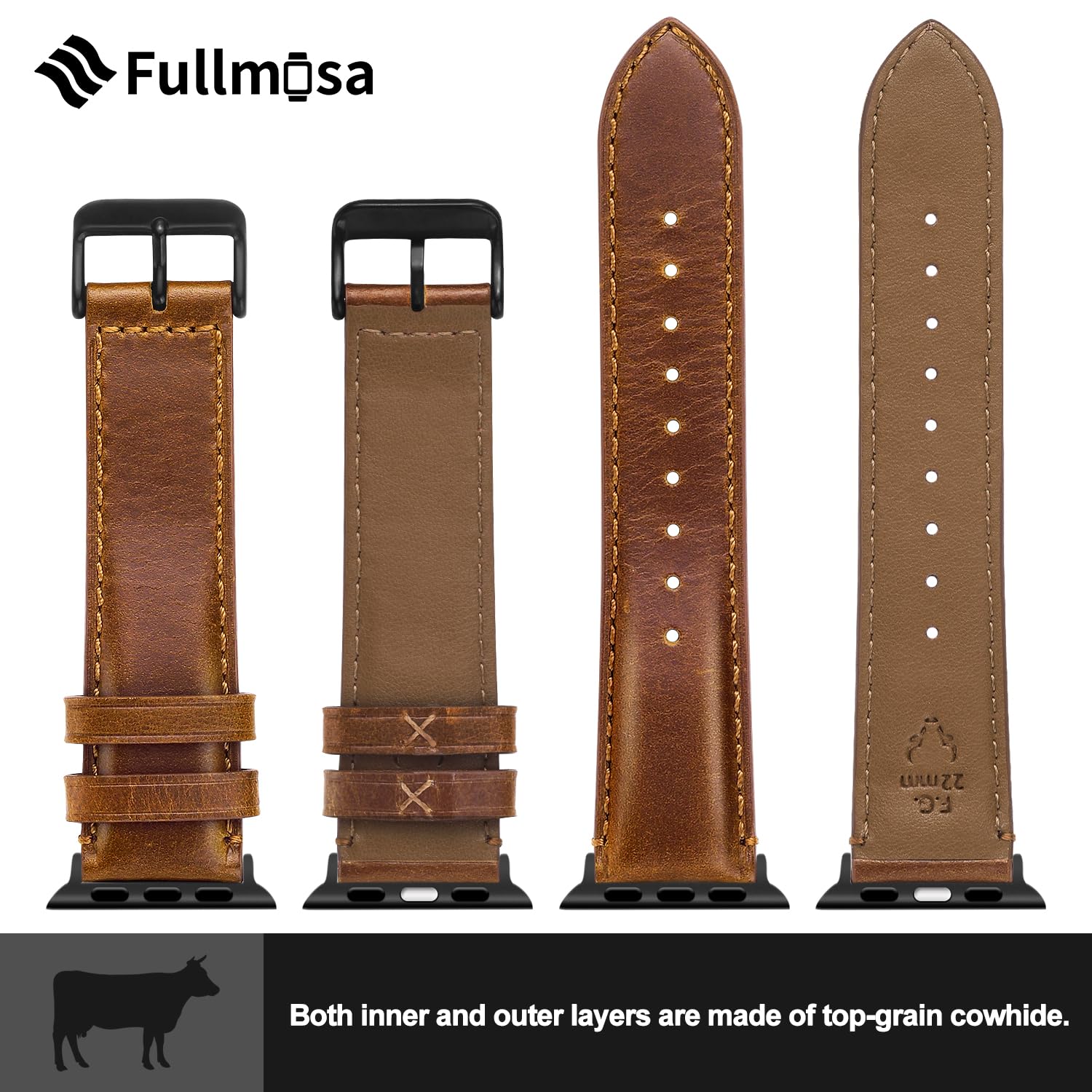 Fullmosa Fullmosa Compatible with Apple Watch Band Retro Leather Apple Watch Ultra 2/Ultra 49mm, Series 10 46mm, 9/8/7 45mm, SE2/SE/6/5/4 44mm, 3/2/1 42mm Band,Brown+Black Buckle