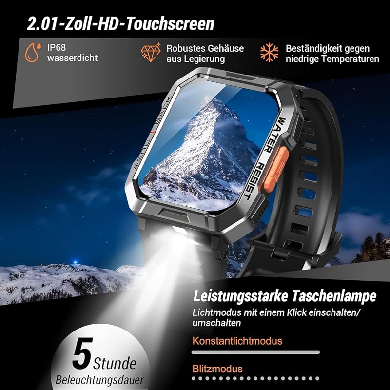 Smartwatch Herren Militär,100 Tage Akku, LED Taschenlampe, Bluetooth-Anrufe, Fitness-Tracker,100+ Sportmodi, Herzfrequenz-&SPO₂-Monitor, IP68 Wasserdicht, Schlafüberwachung, Android iOS