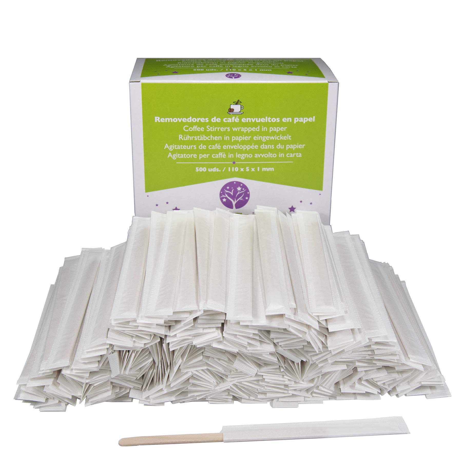 500 Wooden Coffee Sticks Individually Wrapped in Paper. Disposable Coffee Sticks, 11cm Length Biodegradable Coffee Remover Sticks